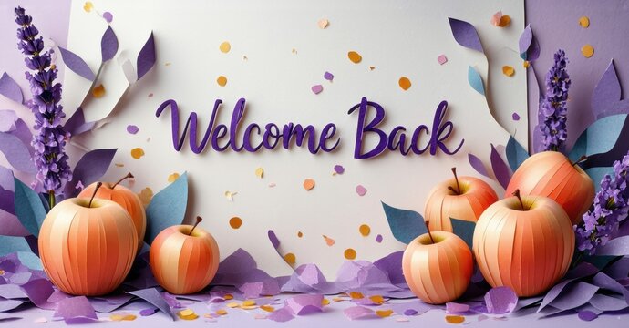 Festive scene features pumpkins, lavender, foliage. Text reads Welcome Back in purple script. Soft lighting, papercraft style.