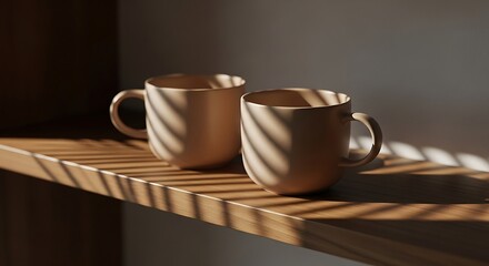 Two ceramic mugs bathed in warm sunlight on a wooden shelf