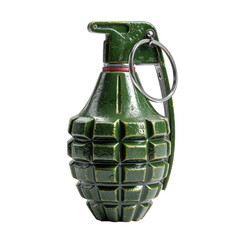 A 3D model of a vintage-style green hand grenade.?Its?ridged?surface and?metal?components,?including a?ring?handle, are?clearly depicted