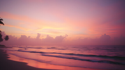 Obraz premium Serene Tropical Beach at Sunset with Hazy Pink Sky and Gentle Ocean Waves