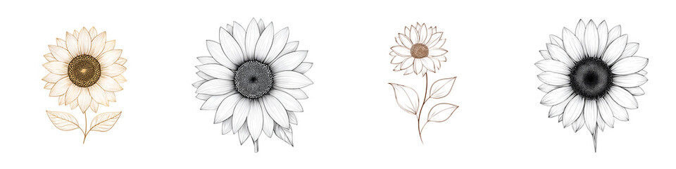 Sunflower Outline Illustration Set, Floral Drawing, Botanical Design