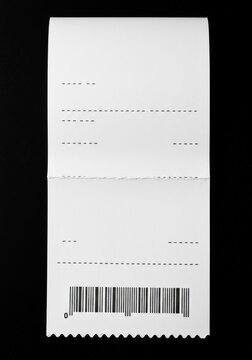 A crisp, white, blank receipt with dashed lines and a barcode, presented on a dark background