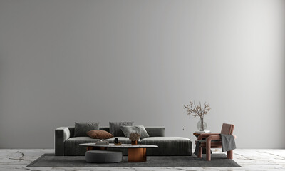 Modern design and cozy living room and blue wall texture background interior design / 3D rendering
