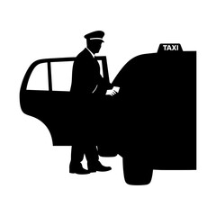 Silhouette of Taxi Driver Standing Beside Car with Open Door