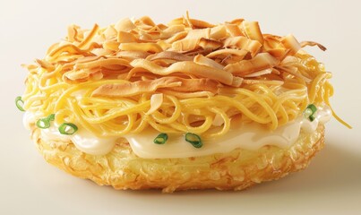 Appetizing ramen noodle burger with creamy sauce and green onion