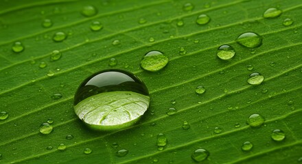 Water droplets on a green leaf a close-up view