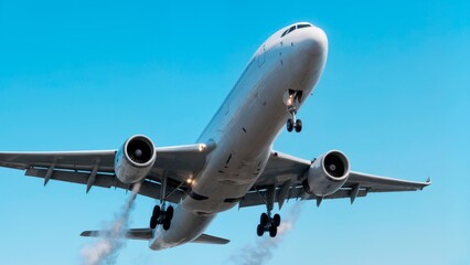 Obraz premium Sleek Commercial Airplane Animation, Futuristic Jet Soaring, Modern Air Travel. Perfect for travel agencies, aviation, global connectivity