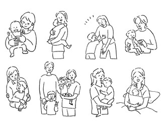 子供、家族、親子、赤ちゃんセット、線画
