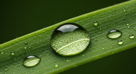 Close-up of water droplets on a vibrant green leaf, showcasing natural textures and reflective surfaces.