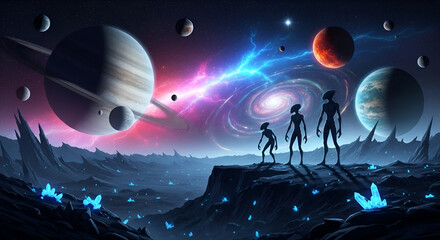 Surreal Alien Landscape with Space Travelers, Colorful Planets, Galaxies, and Crystals in a Vast Extraterrestrial Environment