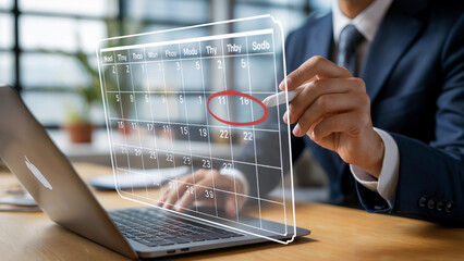 Businessman Scheduling Appointment on Digital Calendar Interface, Modern Office Technology Concept