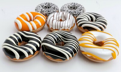 Assorted glazed donuts with colorful stripes for gourmet dessert presentation