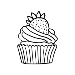 Outline drawing of a detailed cupcake topped with creamy frosting and a whole strawberry. Playful Cupcake Graphics Perfect for Birthdays, Parties, and Dessert Themes