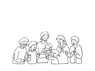 様々な年代の女性たち（赤赤ちゃん、少女、学生、成人、シニア、高齢者）、線画