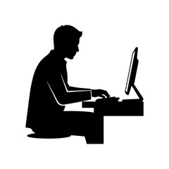 Silhouette of Office Worker Typing at Desk with Computer Monitor