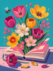  whimsically illustrated open book on a surface casts a shadow, while vibrant tulips and other colorful flowers bloom from its pages, attracting a buzzing bee in a celebration of spring and reading