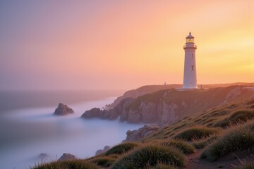 A coastal lighthouse stands quietly amid a foggy sunrise landscape, its silhouette softened by the morning mist