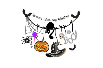 A spooky Halloween scene with a pumpkin, cat, witch hat, and skull Halloween Sublimation design isolated on transparent background