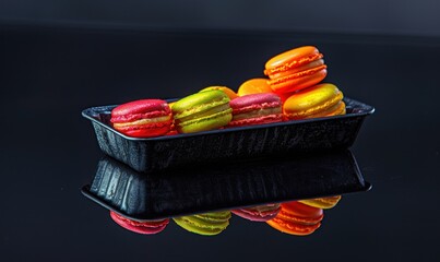 Assorted macarons stacked in tray with colorful dessert sweet treats