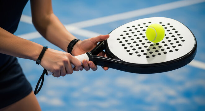 Woman player holding a padel racket and ball on a blue court. Close up view of padel game equipment with net lines. Sport concept. - Powered by Adobe