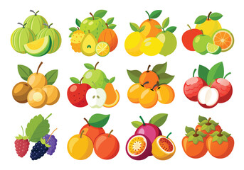 A Vector Vibrant Flat-Style Fruit Illustration:  Assorted Apples, Citrus, Berries, and Exotic Fruits. on white background 