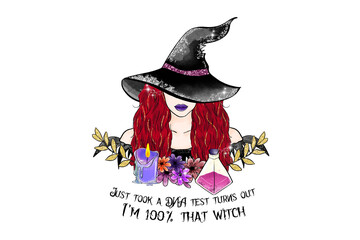 A whimsical witch with red hair, wearing a black hat, surrounded by flowers and potions Halloween Sublimation design isolated on transparent background
