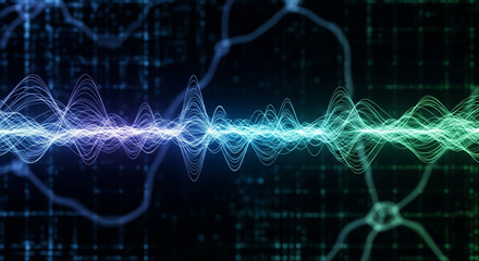 Cyber music wave flow, Blockchain data fields, Network line connect, AI technology concept, Digital communication science, Neural cells illustration, Futuristic sound visualization
