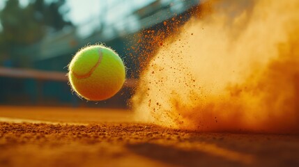 Tennis ball in mid-air, impacting clay court, kicking up dust