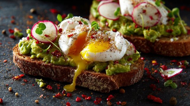 Delicious poached egg and avocado toast with radish on rye bread
