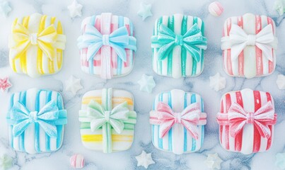 Assorted striped holiday candy with pastel bows overhead for festive treat