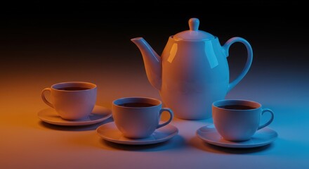 Fototapeta premium Elegant Teapot with Teacups and Saucers in Soft Light Setting