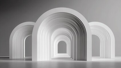 Fototapeta premium White arches, layered, leading to a light gray space