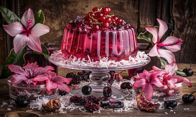 Berry jelly dessert with hibiscus flowers on rustic wooden table