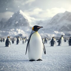 Obraz premium Winter sunrise behind penguins in icy flower field high resolution picture