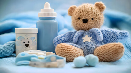 Baby boy items on a light blue surface, featuring a bottle, teddy bear, and accessories