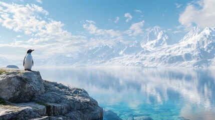 Winter sun shines behind penguin over icy sea high resolution picture