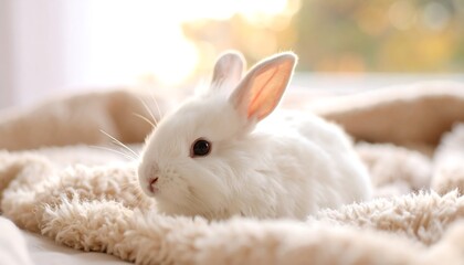 Fluffy white bunny on a beige blanket in sunlight