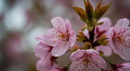 Obraz premium Delicate Cherry Blossom Blooms with Raindrops on Their Petals
