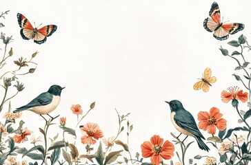 A floral border with birds and butterflies on a white background