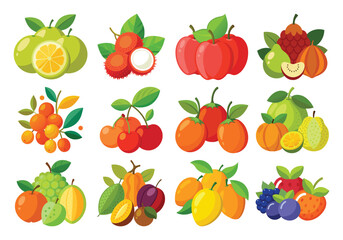 Vibrant Flat-Lay Illustration of Exotic and Common Fruits:  A Diverse Vector Collection of Fresh Produce. on white background 