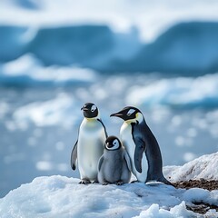 Fototapeta premium Young penguin with parents on icy surface high resolution picture