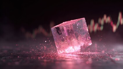 Pink cube on dark surface, with light effects, and financial chart in background