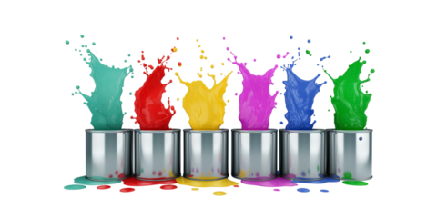 Multicolor paints splashing out from metallic silver buckets. PNG transparent background