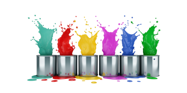 Multicolor paints splashing out from metallic silver buckets. PNG transparent background - Powered by Adobe