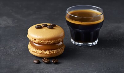 Caramel macaron and dark coffee cup on dark surface dessert still life