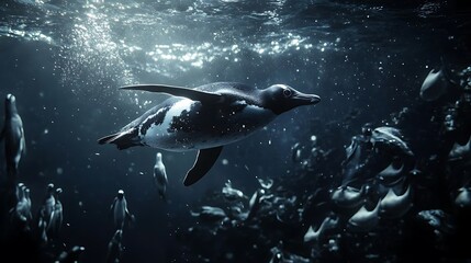 Fototapeta premium Underwater penguin swimming through deep sea ecosystem high resolution picture