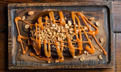 Chocolate brownie with caramel drizzle and nuts on a rustic wooden tray