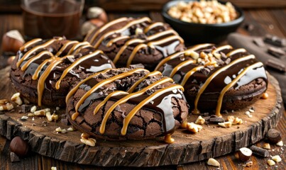 Chocolate caramel donuts overhead still life on rustic wooden board