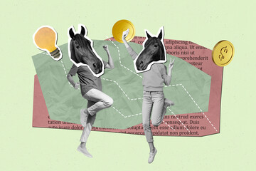 Banner trend collage of people win with pony faces having coin light bulb on green background