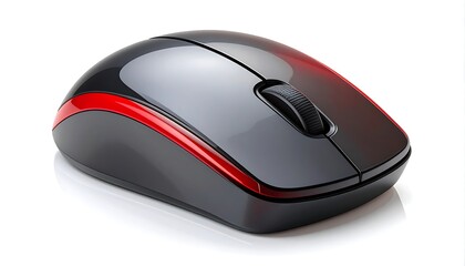 A glossy black computer mouse with a red accent